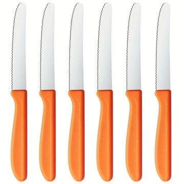 6pcs Colorful Handle Stainless Steel Knife Set – Dinner, Dessert, Tomato, Bread & Snack Knives | Sharp Corrugated Blades, Lightweight, Dishwasher Safe, Multifunctional