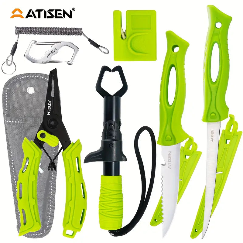 ATISEN 10-Piece Professional Fishing Knife Set – Fillet & Boning Knives with Pliers, Sharpener & Fish Lip Gripper, Dishwasher Safe, Complete Fishing Kit