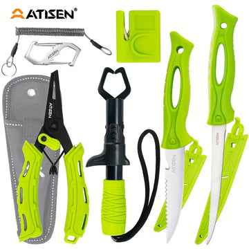 ATISEN 10-Piece Professional Fishing Knife Set – Fillet & Boning Knives with Pliers, Sharpener & Fish Lip Gripper, Dishwasher Safe, Complete Fishing Kit