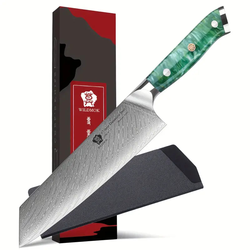 67-Layer Damascus Steel Kiritsuke Knife – Razor-Sharp Japanese Utility Blade with Colorful Resin Handle & Gift Box