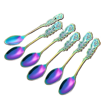 6pcs Stainless Steel Colored Coffee Spoons – Elegant Rose Flower Design Teaspoons for Home, Cafe & Restaurant