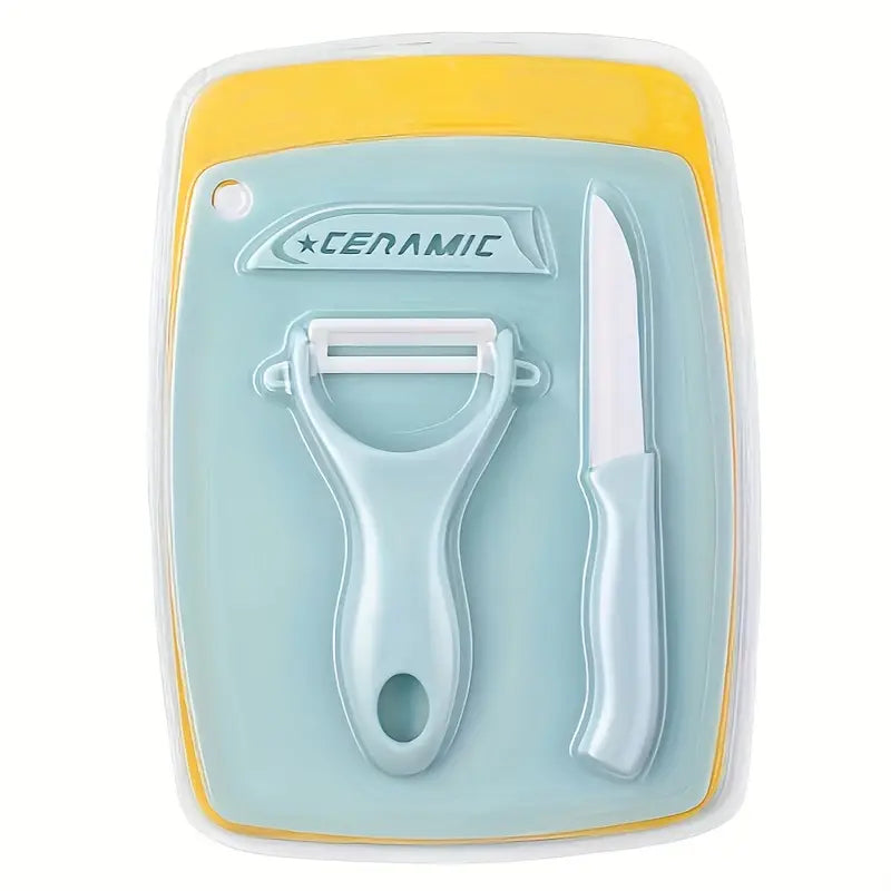 3pcs Portable Ceramic Knife Set with Cutting Board & Peeler – Compact Travel Kitchen Gadget for Camping, Picnics & Outdoor Use