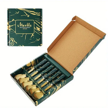 6pcs Stainless Steel Spoon Set with Marble Pattern & Porcelain Handle – Elegant Household Dining Spoons, Long Handle Korean Style – Gift Box Set