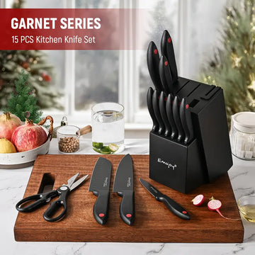 Emojoy 15-Piece Stainless Steel Kitchen Knife Set with Block and Built-in Sharpener, Dishwasher Safe, Black