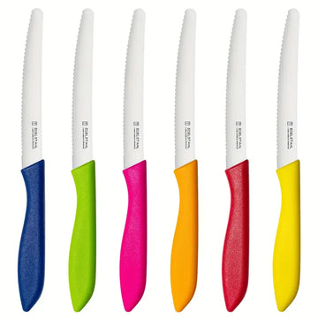 6pcs Steak Knife Set – Premium Stainless Steel Serrated Knives for Steak, Tomato & Bread | Multi-Functional, Dishwasher Safe, Colorful Handle