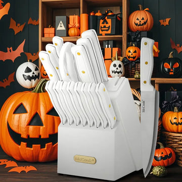 McCook 26-Piece Kitchen Knife Set with Block, Built-in Sharpener & Measuring Tools – White