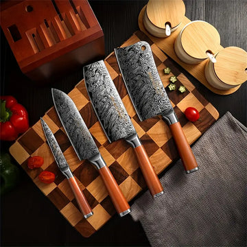 Japanese Slicing Knife & Chef’s Knife Set – 3/4pcs Santoku, Damascus Pattern Steel Kitchen Knives, Stainless Steel Butcher Cleaver & Meat Chopping Knife