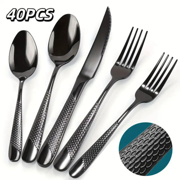40-Piece Hammered Stainless Steel Flatware Set – Dinner Knives, Forks & Spoons for 8, Mirror-Polished, Dishwasher Safe, Modern Silvery Cutlery Set for Home Dining & Dinner Parties