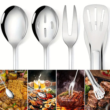 8pcs Stainless Steel Serving Utensils Set – Slotted Spoons, Forks, Tongs, Soup Ladle for Buffets, Gatherings, and Hotel Service