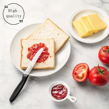 6pcs Steak Knife Set – Serrated Stainless Steel Kitchen Knives, Tomato, Dessert, Breakfast & Butter Knife with Ergonomic Black & Red Handles