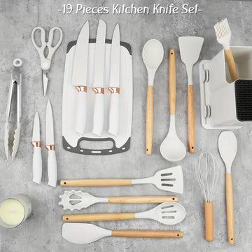 19pcs Professional Kitchen Knife Set with Block & Cutting Board – Stainless Steel Chef Knives, Utility Knives & Cooking Utensils with Wooden Handles – Lightweight, Dishwasher Safe, Gift Set