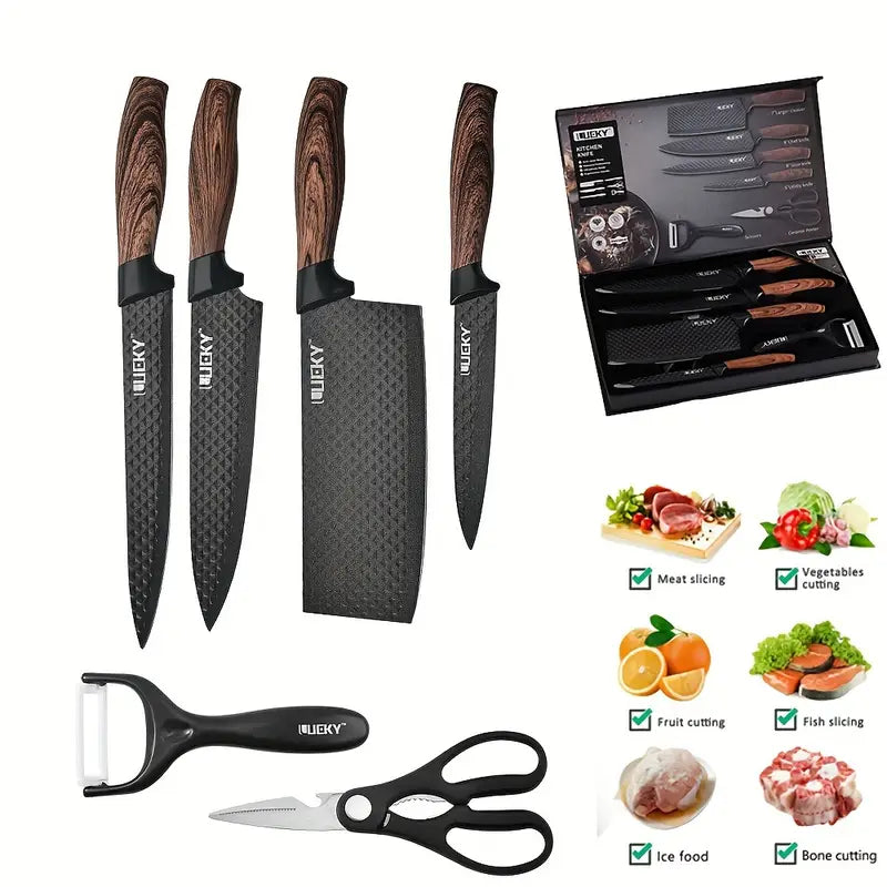 Professional 6-Piece Kitchen Knife Set with Peeler & Scissors – Stainless Steel Chef Knives with Ergonomic Wood Handles