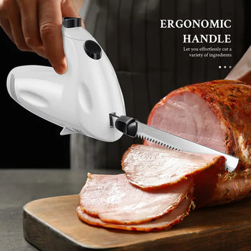 Reemix 150W Electric Knife Set for Carving Meats, Poultry, Bread with Serving Fork and 2 Blades - White