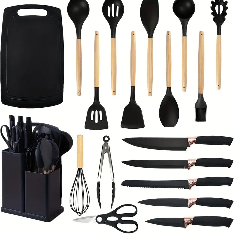 19pcs Kitchen Utensils & Knife Set with Block – Silicone Cooking Tools, Stainless Steel Chef Knives, Scissors, Stirring Rod & Cutting Board
