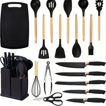 19pcs Kitchen Utensils & Knife Set with Block – Silicone Cooking Tools, Stainless Steel Chef Knives, Scissors, Stirring Rod & Cutting Board