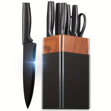 7pcs All-Purpose Kitchen Knife Set with Holder – Chef, Bread, Graver, Replaceable Blade Knife, Peeler, Scissors & Built-in Sharpener, Rust-Proof Stainless Steel