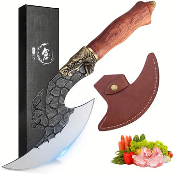 Hand-Forged Viking Ulu Knife – Carbon Steel Butcher Cleaver with Walnut Handle & Sheath