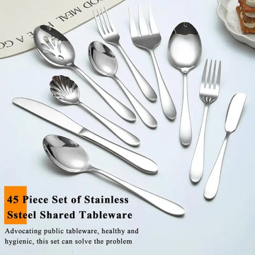 45-Piece Stainless Steel Cutlery Set for 8 - Knife, Fork, Spoon & Serving Utensils - Dishwasher Safe Dining Set for Home & Restaurant