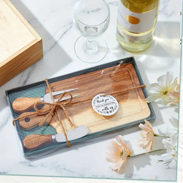 6-Piece Wooden Cheese Board Gift Set with Knives, Forks & Thank You Tags – Bridal Party, Valentine’s Day & Housewarming Gifts (Acacia)
