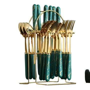 24pcs Stainless Steel Cutlery Set with Steak Knives & Storage Rack – Elegant Nordic Design in Multiple Colors – Premium 304 Stainless Steel – Ideal Gift Set for Home & Hotel Dining