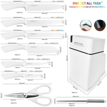 9-Piece High Carbon Stainless Steel Knife Set with Block & Built-in Sharpener – White