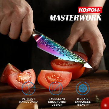 KONOLL 5-Inch Titanium Coated Utility Knife – High Carbon Stainless Steel with Solid Wood Full Tang Handle