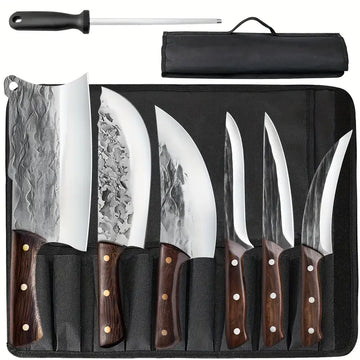 7-Piece Professional Butcher & Chef Knife Set with Roll Bag – Stainless Steel, Ultra Sharp, Ergonomic Wood Handles