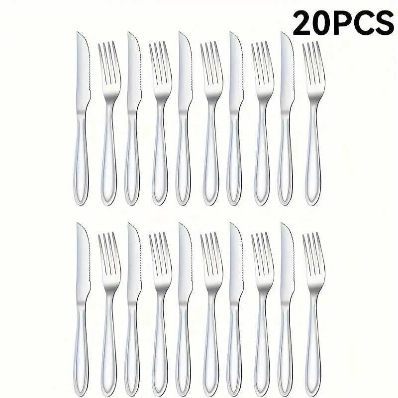 20-Piece Stainless Steel Flatware Set – 10 Knives & 10 Forks, Mirror Polished, Home & Restaurant Use