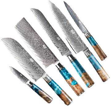 FINDKING 67-Layer Damascus Steel Kitchen Knife with Blue Resin Sapele Wood Handle