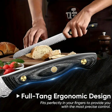 8.7 Inch VG10 Damascus Serrated Bread Knife – Wavy Edge with Wooden Handle for Bread, Sourdough & Sandwiches