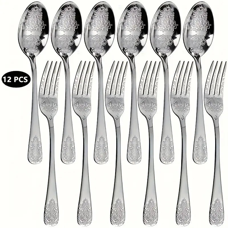 12-Piece Stainless Steel Cutlery Set - 6 Forks & 6 Spoons, Dishwasher Safe, Embossed Design for Home & Restaurant Use