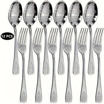 12-Piece Stainless Steel Cutlery Set - 6 Forks & 6 Spoons, Dishwasher Safe, Embossed Design for Home & Restaurant Use
