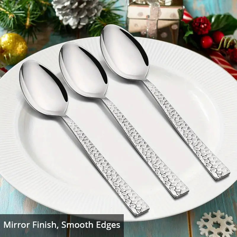 Premium Stainless Steel Soup Spoons Set of 12 - 7.9 Inch Hammered Tablespoons, Mirror Polished, Dishwasher Safe, Elegant Squared Edge for Home & Restaurant