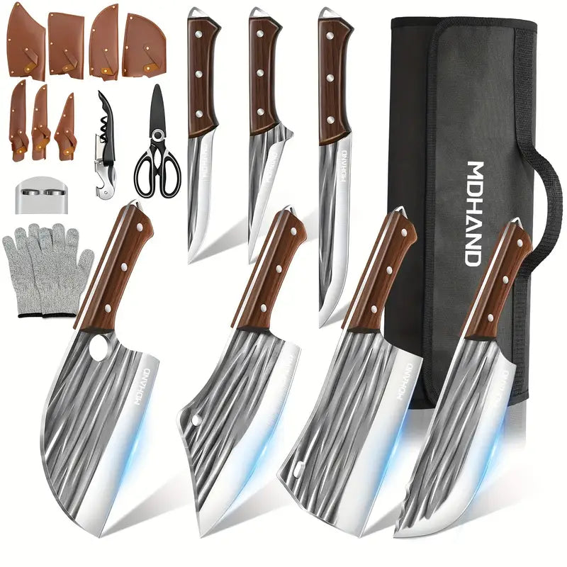 Professional 14-Piece Chef Knife Set with Roll Bag – High Carbon Stainless Steel Knives with Ergonomic Wood Handles for Meat, Fruit & Vegetable Cutting
