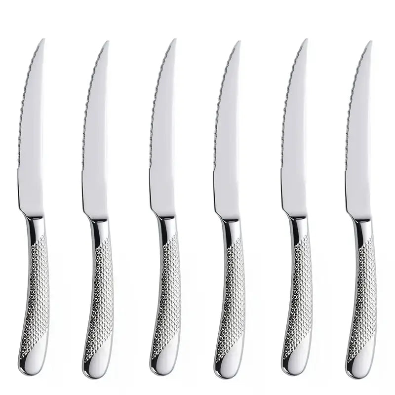 6pcs Stainless Steel Star Drill Thread Steak Knives – Thickened Western-Style Dining Knives, Dishwasher Safe, Ideal for Family Gatherings & Restaurants