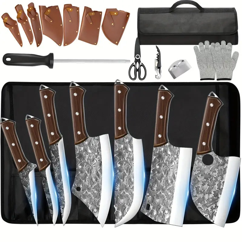14-Piece Hand Forged Chef Knife Set – High Carbon Steel Butcher, Boning, Carving & Cleaver Knives with Roll Bag