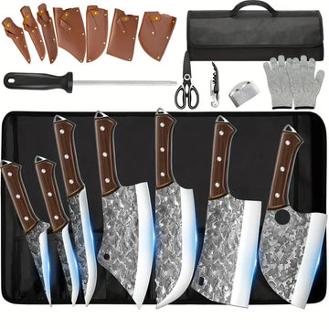 14-Piece Hand Forged Chef Knife Set – High Carbon Steel Butcher, Boning, Carving & Cleaver Knives with Roll Bag