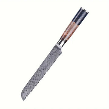 Multifunctional Serrated Bread Knife – Damascus Stainless Steel with Wavy Edges & Wood/Resin Handle