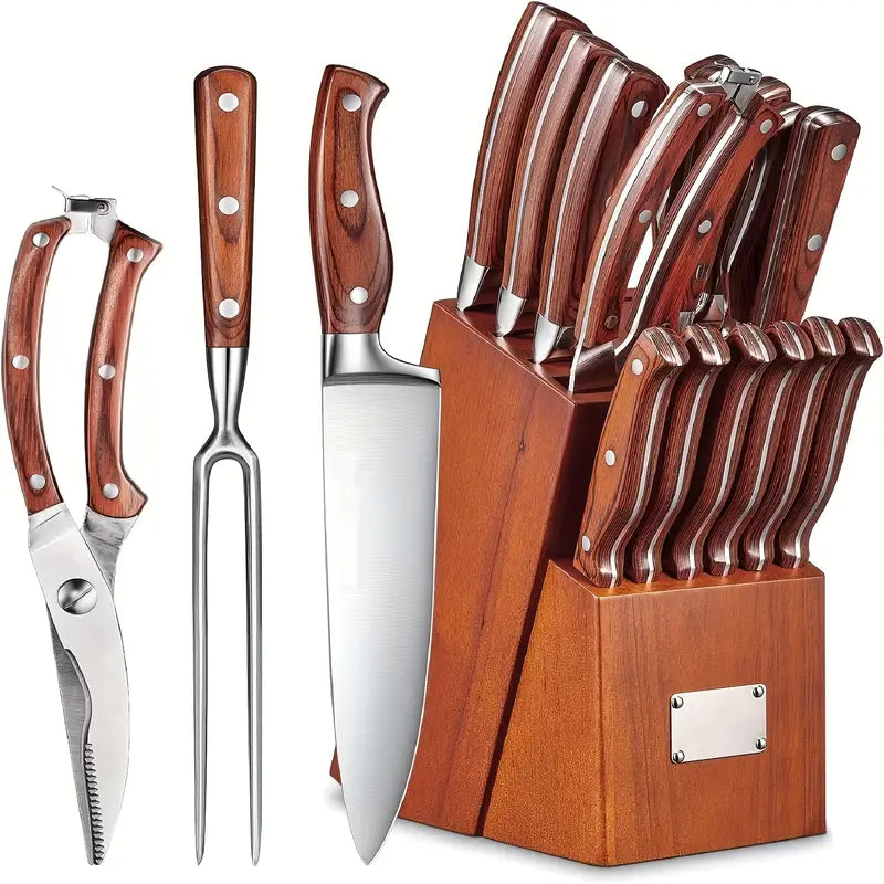 16-Piece Professional Kitchen Knife Set with Wooden Handles & Block