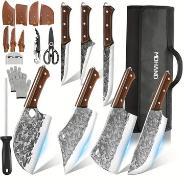 14-in-1 Professional Chef and Butcher Knife Set with Roll Bag – Hand-Forged High-Carbon Stainless Steel Kitchen Knives