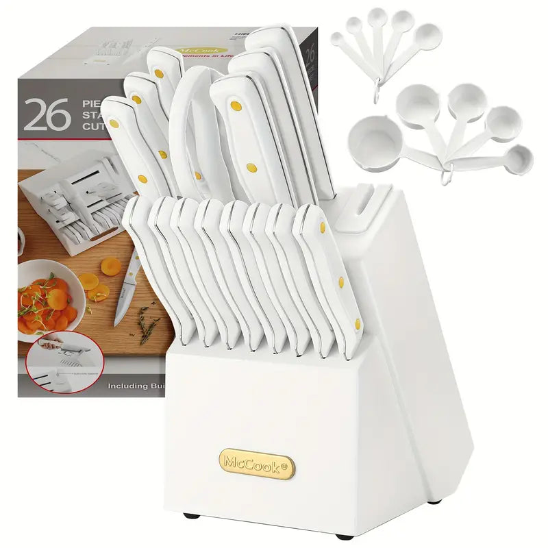 McCook 26-Piece Kitchen Knife Set with Block, Built-in Sharpener & Measuring Tools – White