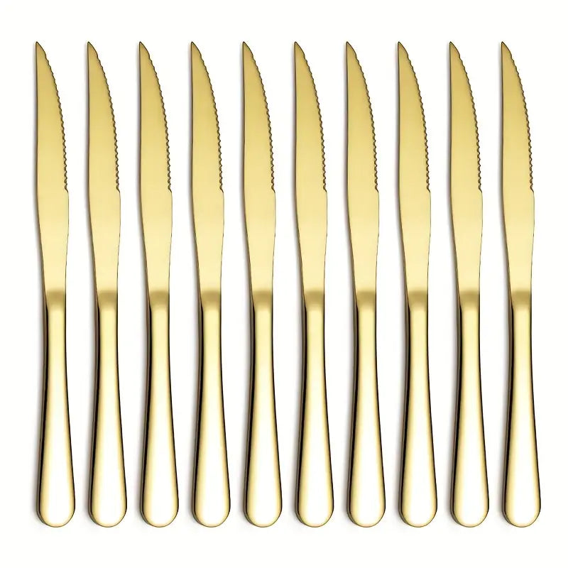 10pcs Gold-Plated Stainless Steel Steak Knives Set – Super Sharp Serrated Dining Knives for Home, Restaurant & Camping