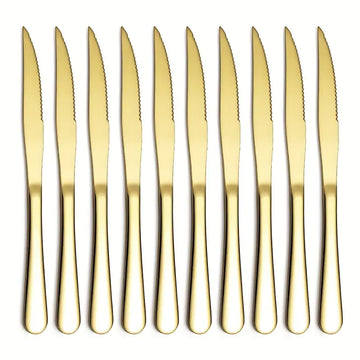 10pcs Gold-Plated Stainless Steel Steak Knives Set – Super Sharp Serrated Dining Knives for Home, Restaurant & Camping
