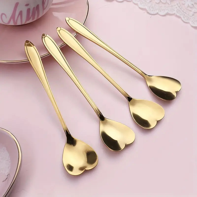 10pcs Golden Heart-Shaped Dessert Spoons – Stainless Steel Ice Cream & Coffee Spoons, Creative Kitchen Utensils, Perfect Gift