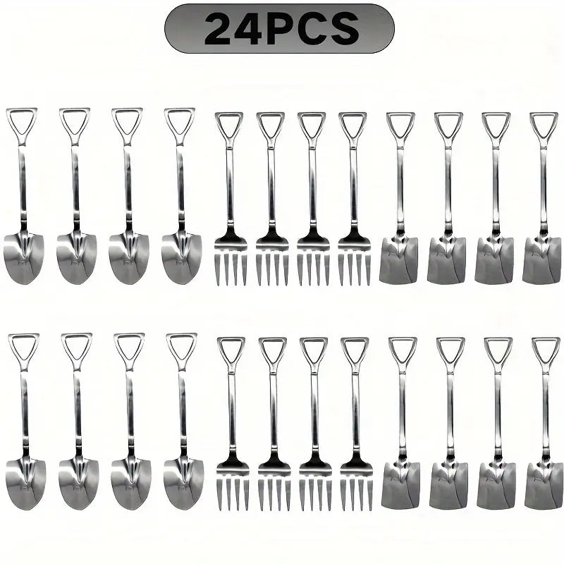 24pcs Dessert Mini Spatula and Fork Set - Stainless Steel - Ideal for Family Gatherings, Restaurants, and Cafes