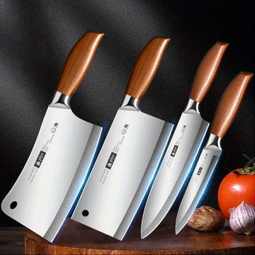 4-Piece Stainless Steel Kitchen Knife Set with Imitation Wood Handles – Chef's Knife, Fruit Knife, Meat Cutter, and Bone Cutting Knife