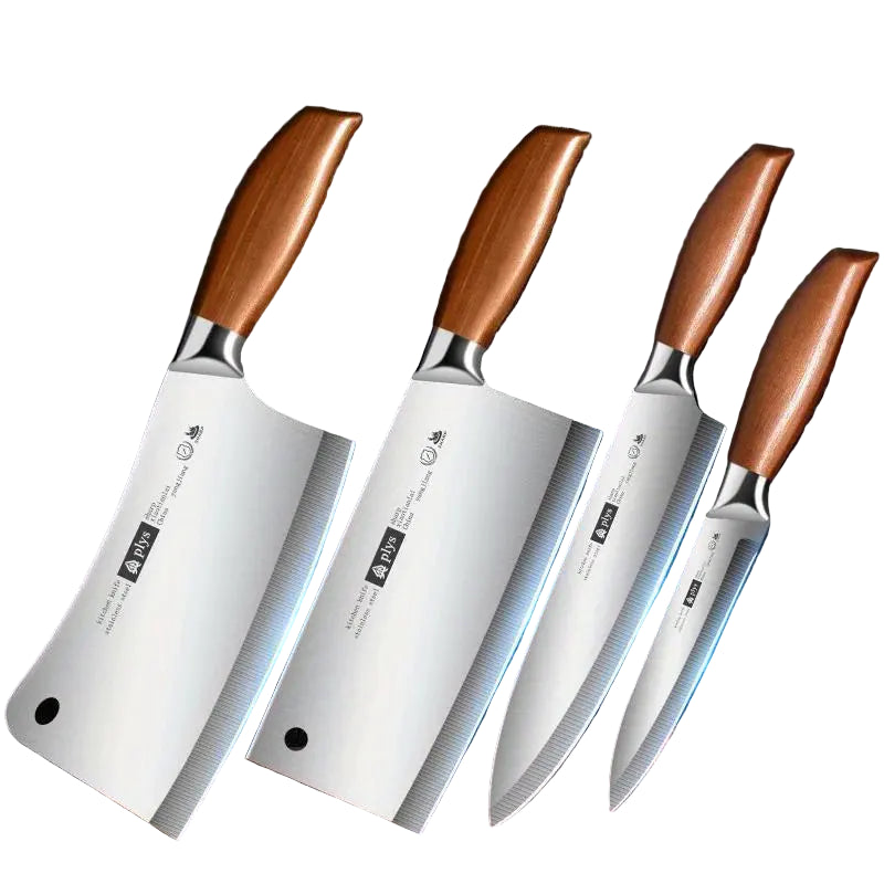 4-Piece Stainless Steel Kitchen Knife Set with Imitation Wood Handles – Chef's Knife, Fruit Knife, Meat Cutter, and Bone Cutting Knife