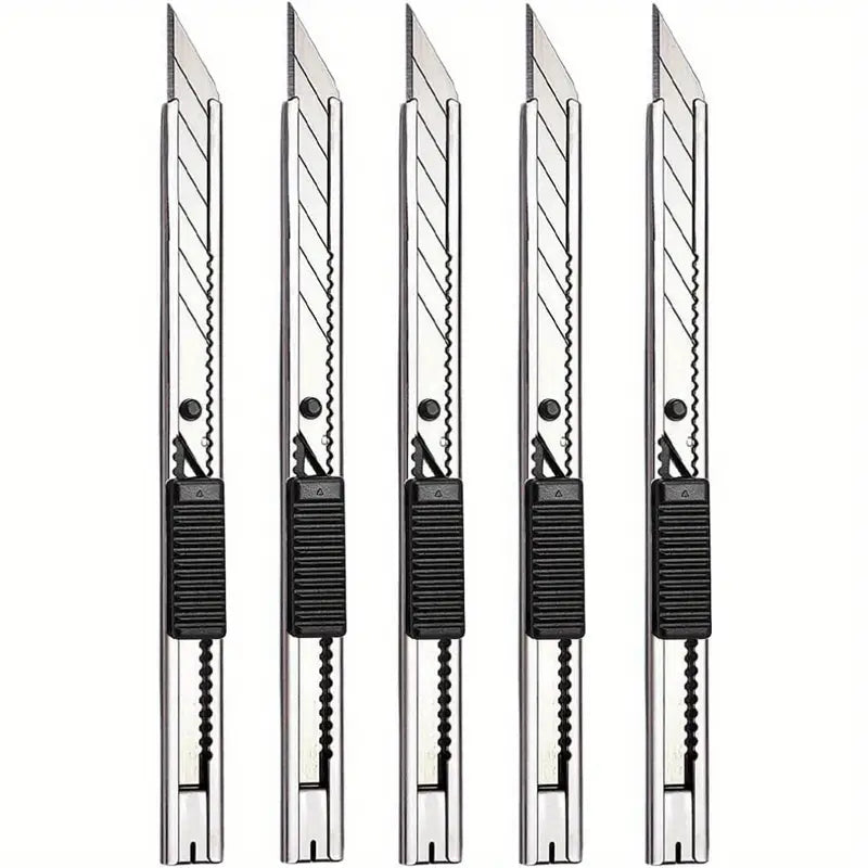 5pcs Professional Stainless Steel Utility Knives – Lockable Snap-Off 9mm Blades with 30° Foil Heads, Foldable Retractable Design for Cartons, Crafts, Wallpaper & DIY Cutting