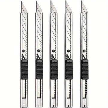 5pcs Professional Stainless Steel Utility Knives – Lockable Snap-Off 9mm Blades with 30° Foil Heads, Foldable Retractable Design for Cartons, Crafts, Wallpaper & DIY Cutting