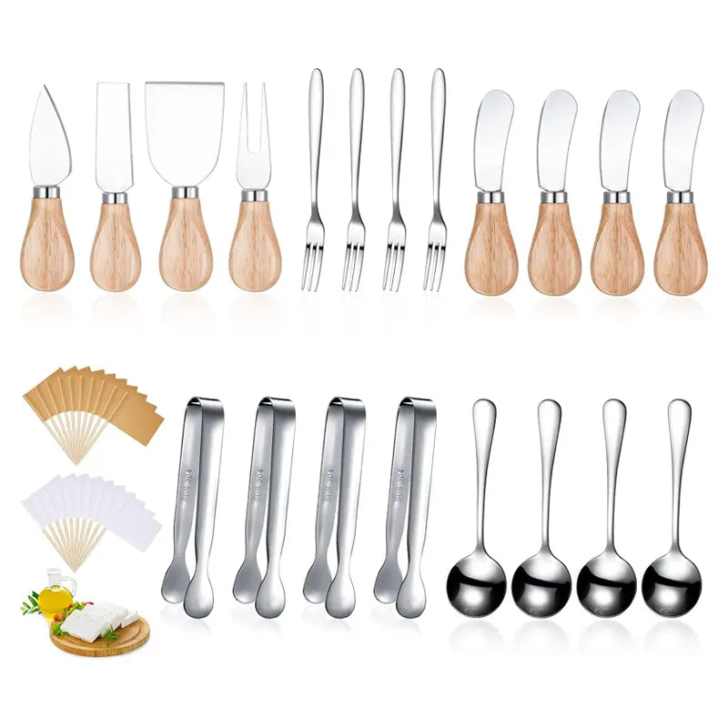 20-Piece Cheese & Butter Spreader Set with Wooden Handles + Mini Utensils & Toothpicks for Parties & Weddings